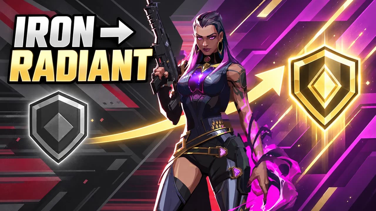 Valorant thumbnail: Reyna holding her gun in purple light, a grey shield with a gold arrow to a glowing gold shield, text IRON → RADIANT