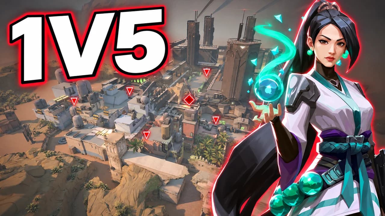 Valorant thumbnail: Sage holding a glowing orb next to an aerial view of Bind, five red enemy markers and a red objective diamond, text 1V5