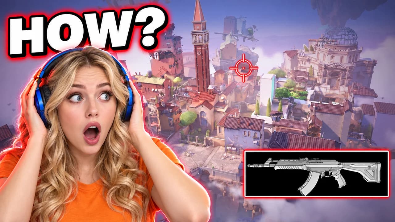 Valorant thumbnail: an invented blonde streamer in a blue headset gasping, an aerial view of Ascent with a red crosshair, a Vandal icon, text HOW?