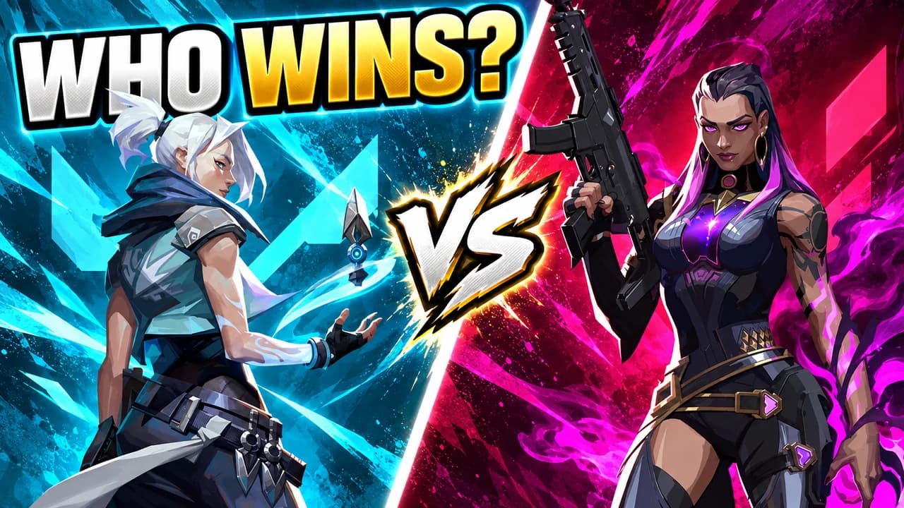 Valorant thumbnail: Jett in teal light facing Reyna holding her gun in magenta light, a VS mark between them, text WHO WINS?