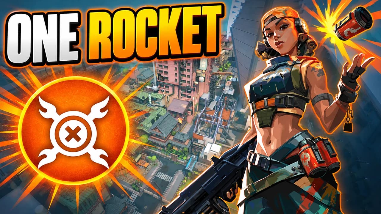 Valorant thumbnail: Raze with a grenade and her launcher above an aerial view of Split, a big orange Showstopper icon, text ONE ROCKET