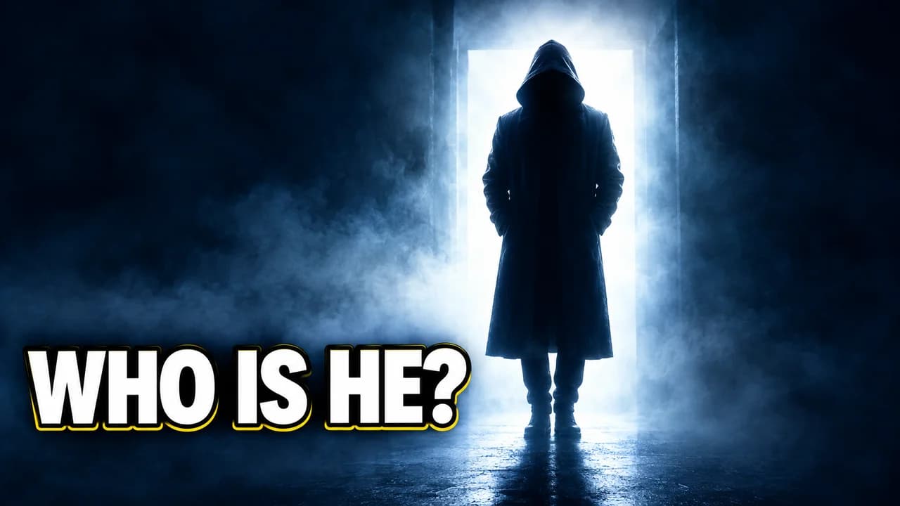 Who is he-style thumbnail: a hooded figure in a long coat backlit in a foggy doorway, face hidden, text WHO IS HE?