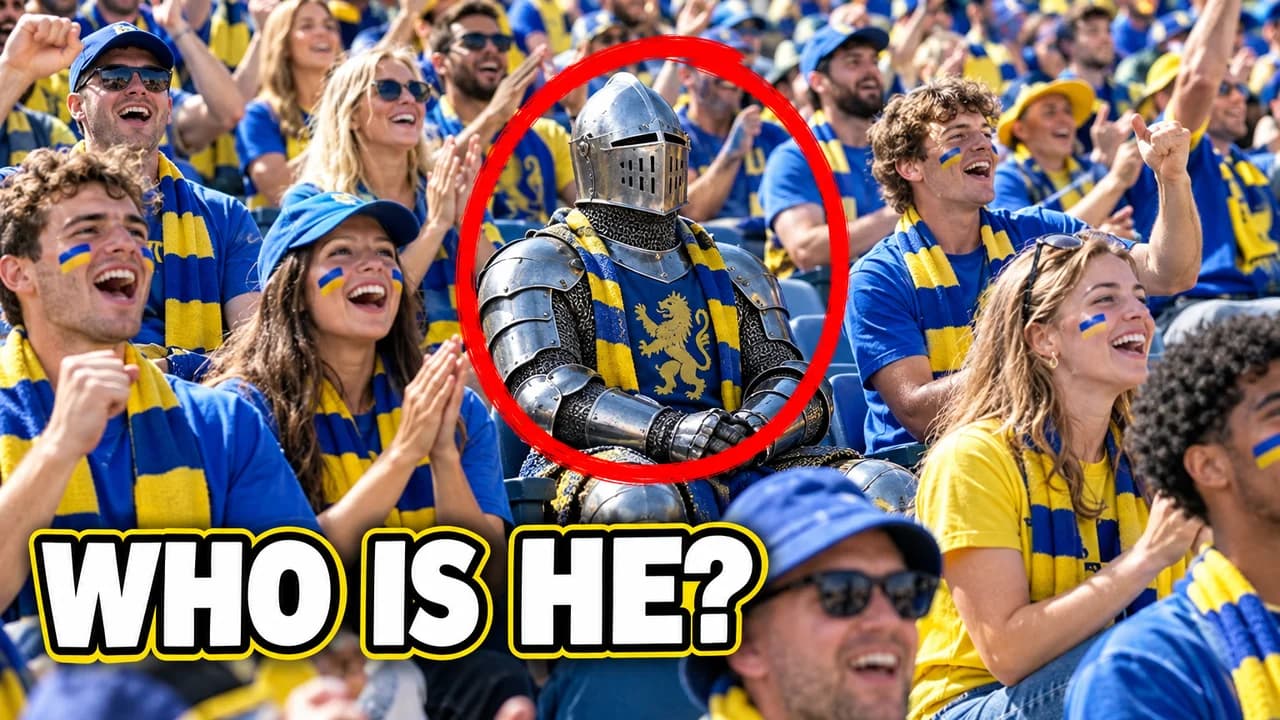 Who is he-style thumbnail: cheering fans in blue and yellow, one man in a full suit of armour circled in red, text WHO IS HE?