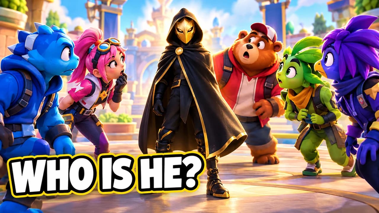 Who is he-style thumbnail: cartoon game characters, a bear among them, staring at a stranger in a golden mask and black cape, text WHO IS HE?