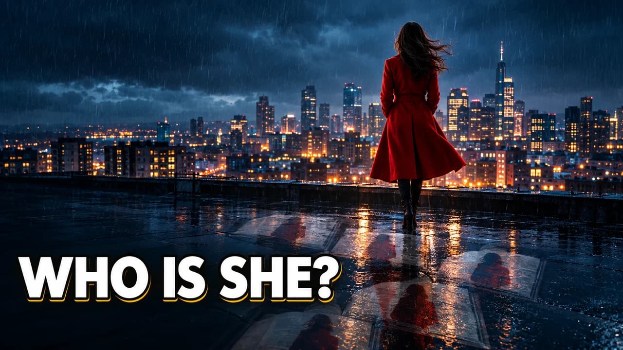 Who is she-style thumbnail: a woman in a red coat seen from behind on a wet rooftop at night in the rain, city lights below, text WHO IS SHE?