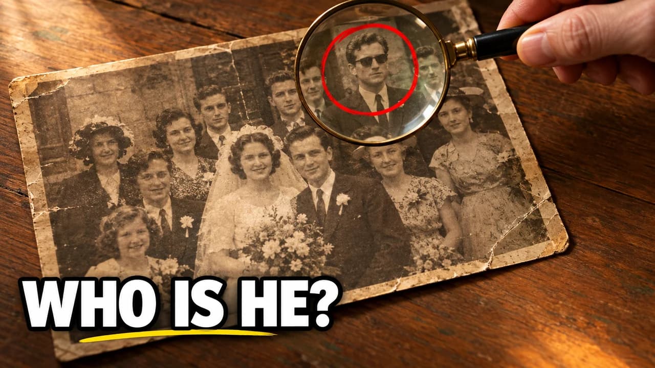 Who is he-style thumbnail: a magnifying glass over an old wedding photo, a man in sunglasses circled in red in the back row, text WHO IS HE?