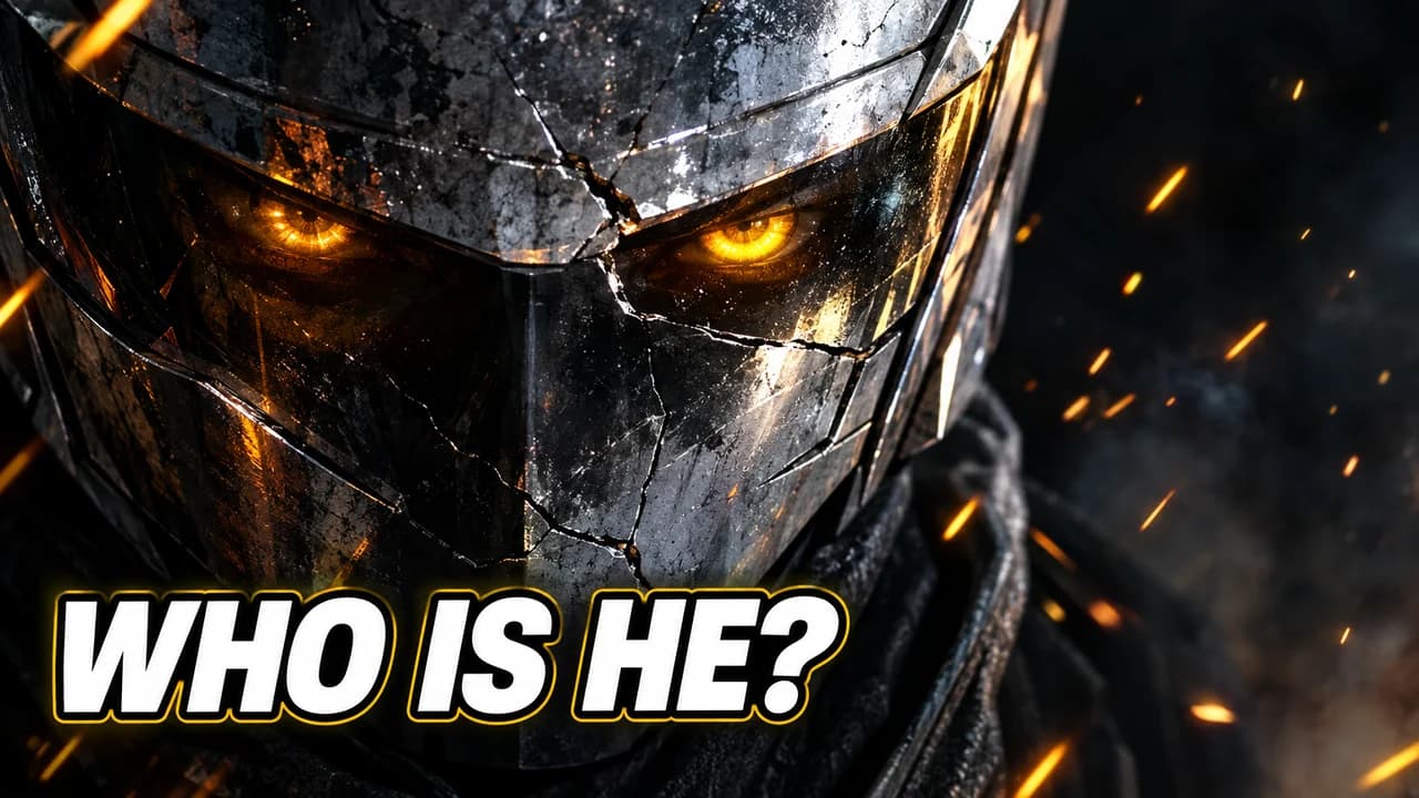Who is he-style thumbnail: extreme close-up of glowing orange eyes behind a cracked silver helmet, sparks flying, text WHO IS HE?