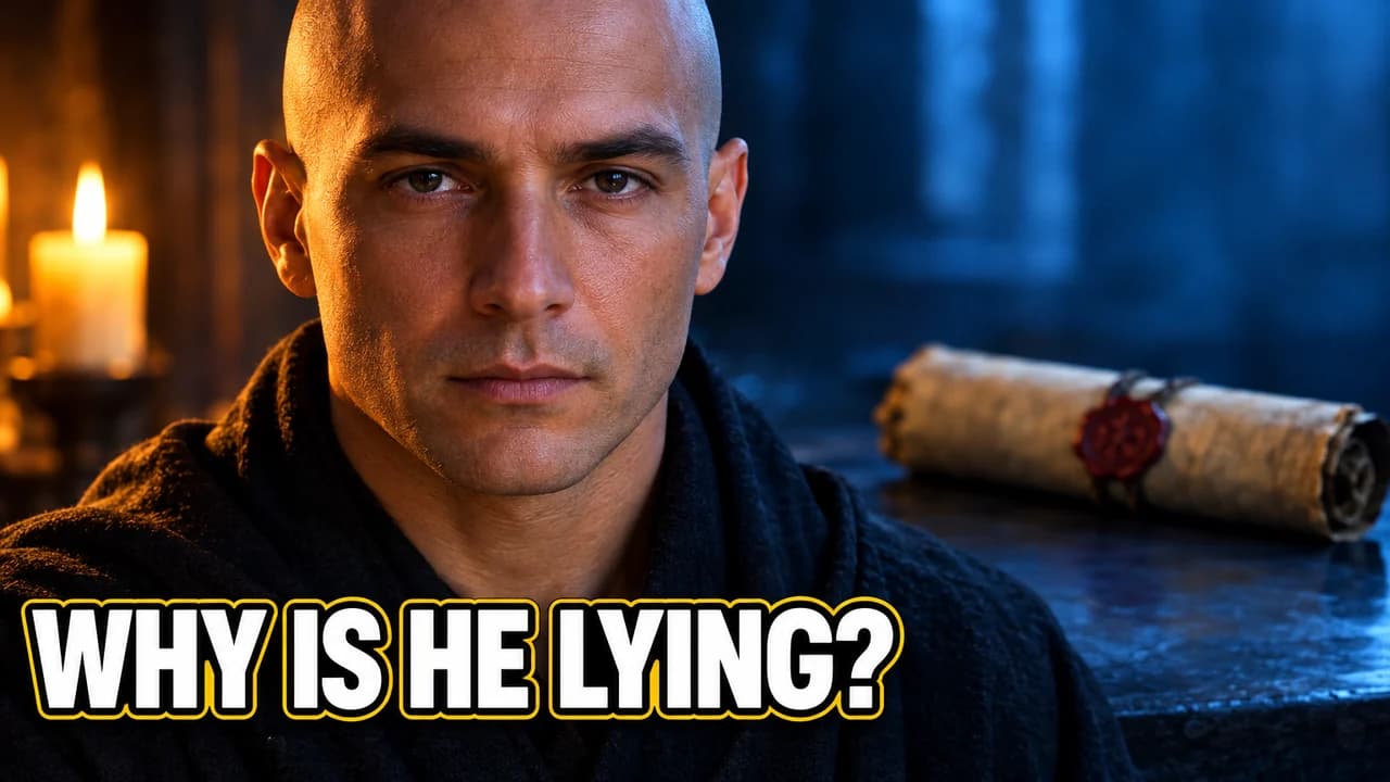 Why is he lying-style thumbnail: close-up of a bald man in a dark robe with a calm straight face, a candle and sealed scroll, text WHY IS HE LYING?