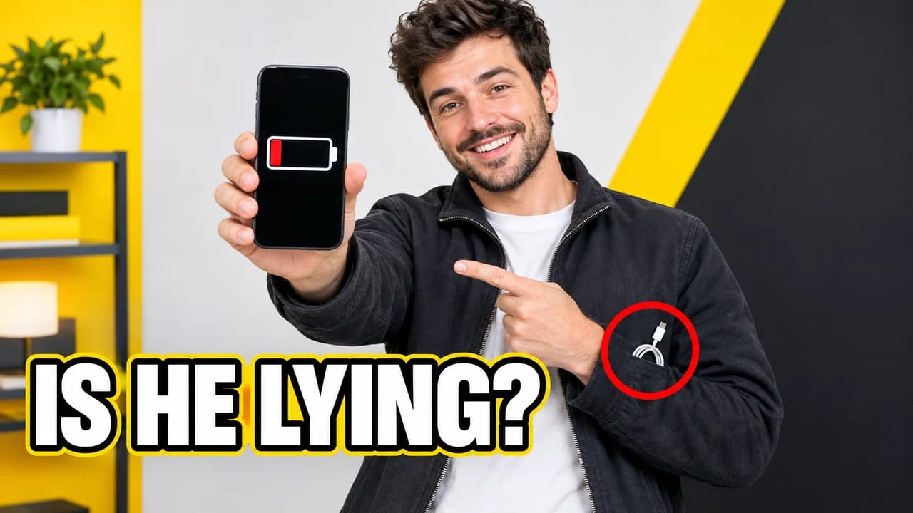 Why is he lying-style thumbnail: a smiling man showing a phone with a dying battery, a charger cable in his pocket circled in red, text IS HE LYING?