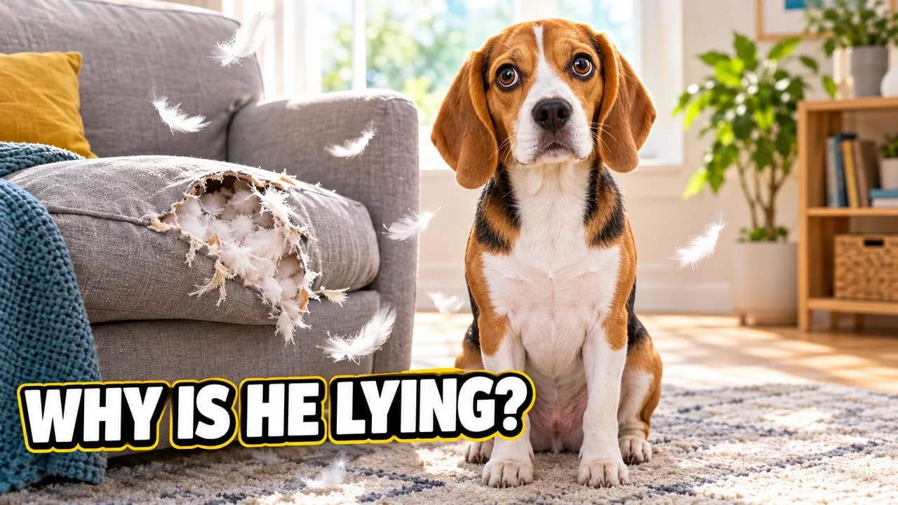 Why is he lying-style thumbnail: a beagle sitting very straight beside a torn sofa cushion and floating feathers, text WHY IS HE LYING?