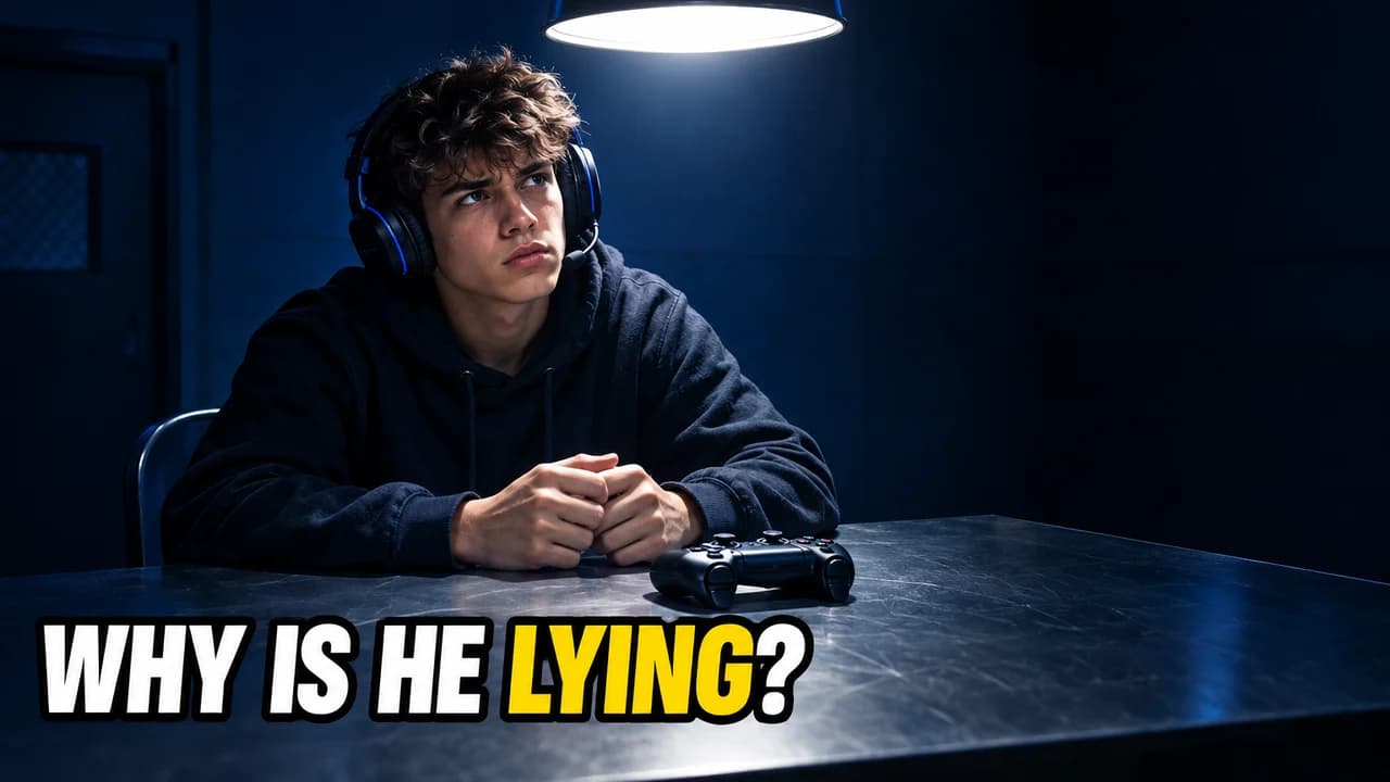 Why is he lying-style thumbnail: a teen gamer in a headset under one hard lamp at a metal table, a controller in front of him, text WHY IS HE LYING?