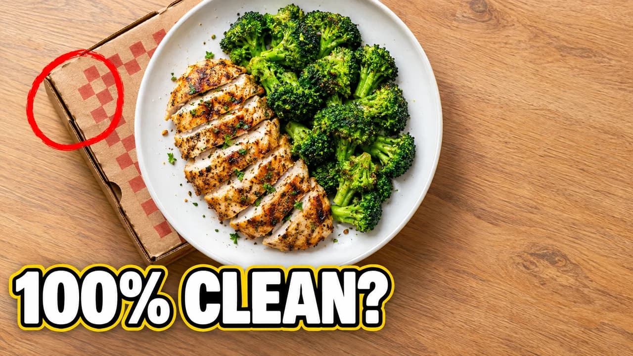Why is he lying-style thumbnail: top-down view of a chicken and broccoli plate on top of a pizza box, the box circled in red, text 100% CLEAN?