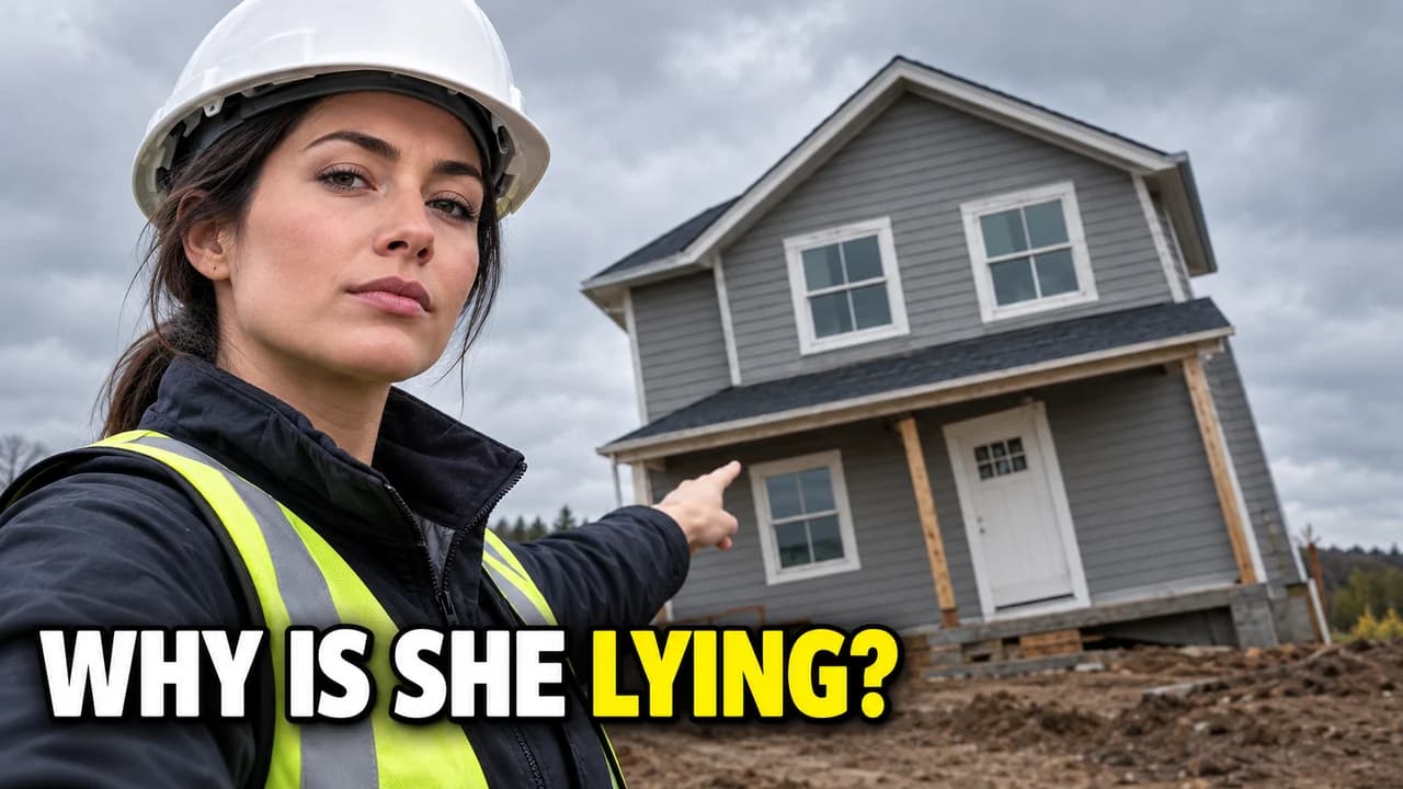 Why is she lying-style thumbnail: a woman in a hard hat and safety vest calmly pointing at a crooked grey house, text WHY IS SHE LYING?