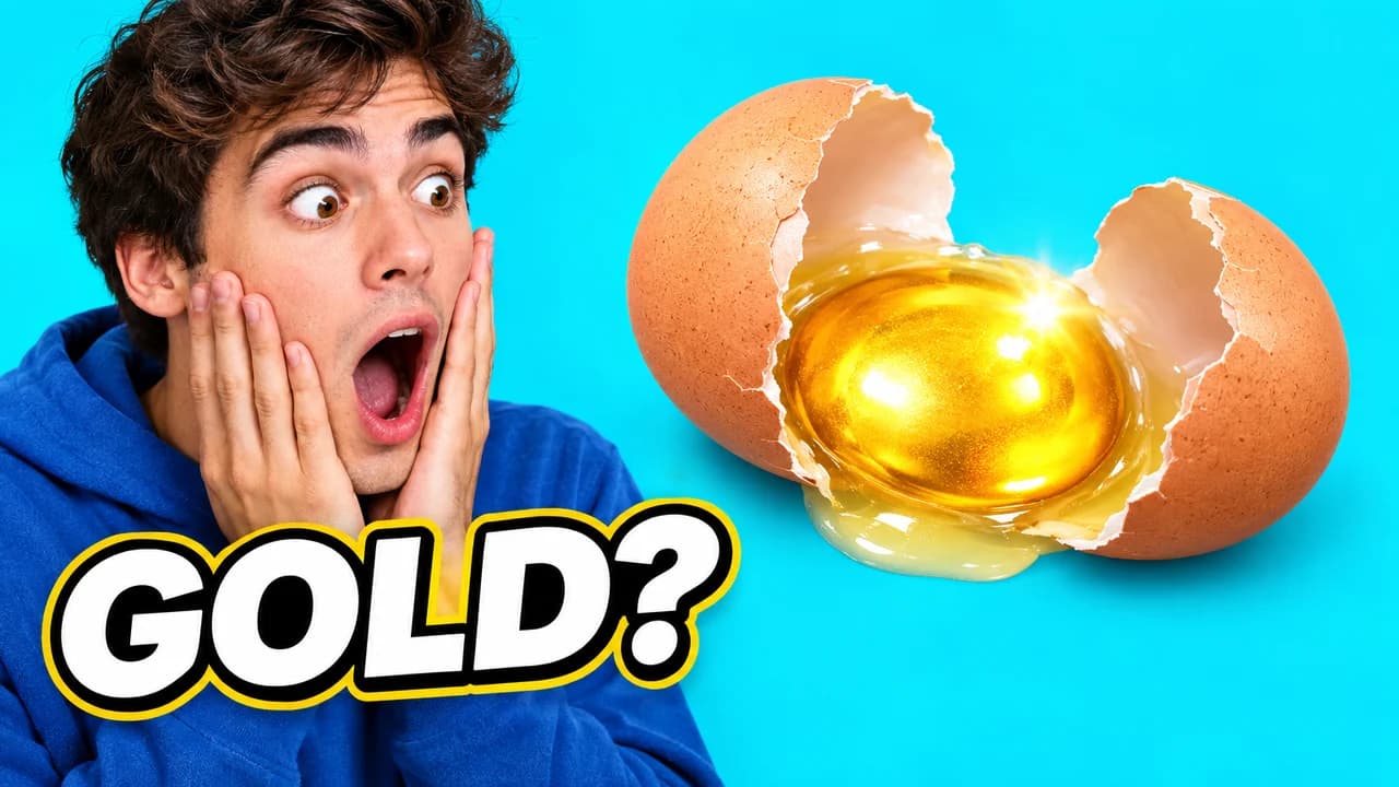 YouTube face thumbnail: a young man with mouth wide open and hands on his cheeks next to a cracked egg with a gold yolk, cyan background, text GOLD?