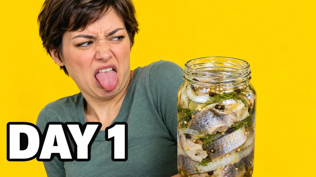 YouTube face thumbnail: a woman sticking out her tongue in disgust at a jar of pickled fish on a yellow background, text DAY 1