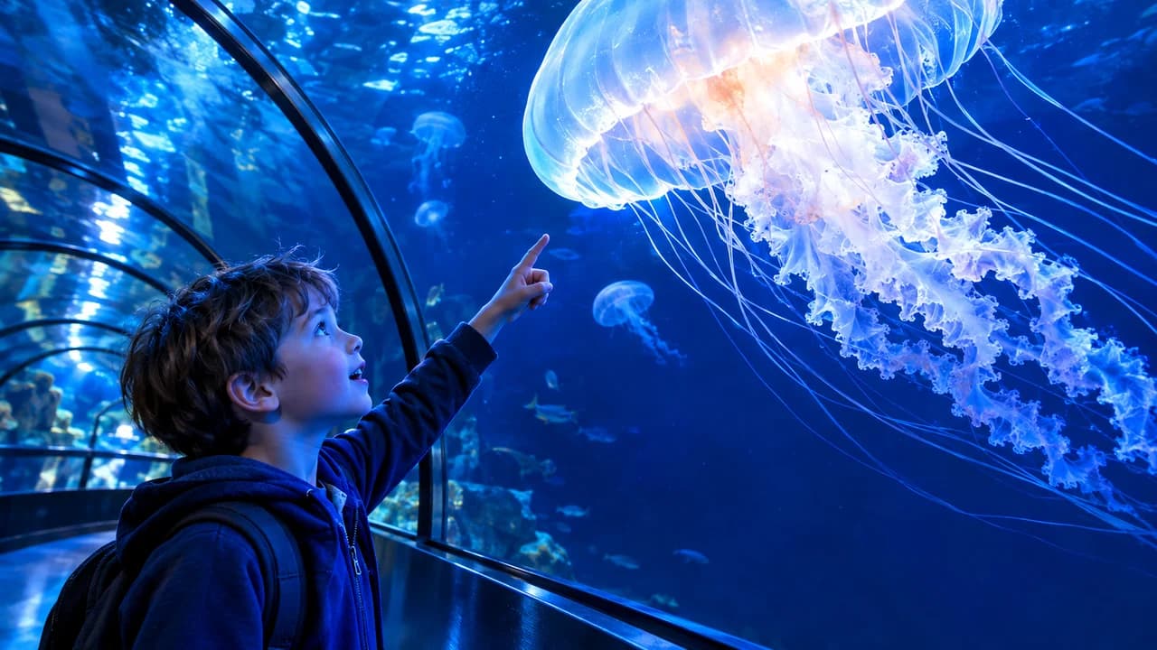 YouTube face thumbnail: a boy pointing up at a huge glowing jellyfish in an aquarium tunnel, face lit blue