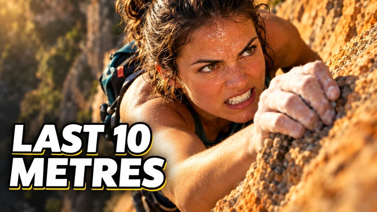 YouTube face thumbnail: a sweaty, determined woman climber gripping a rock wall, teeth clenched, text LAST 10 METRES