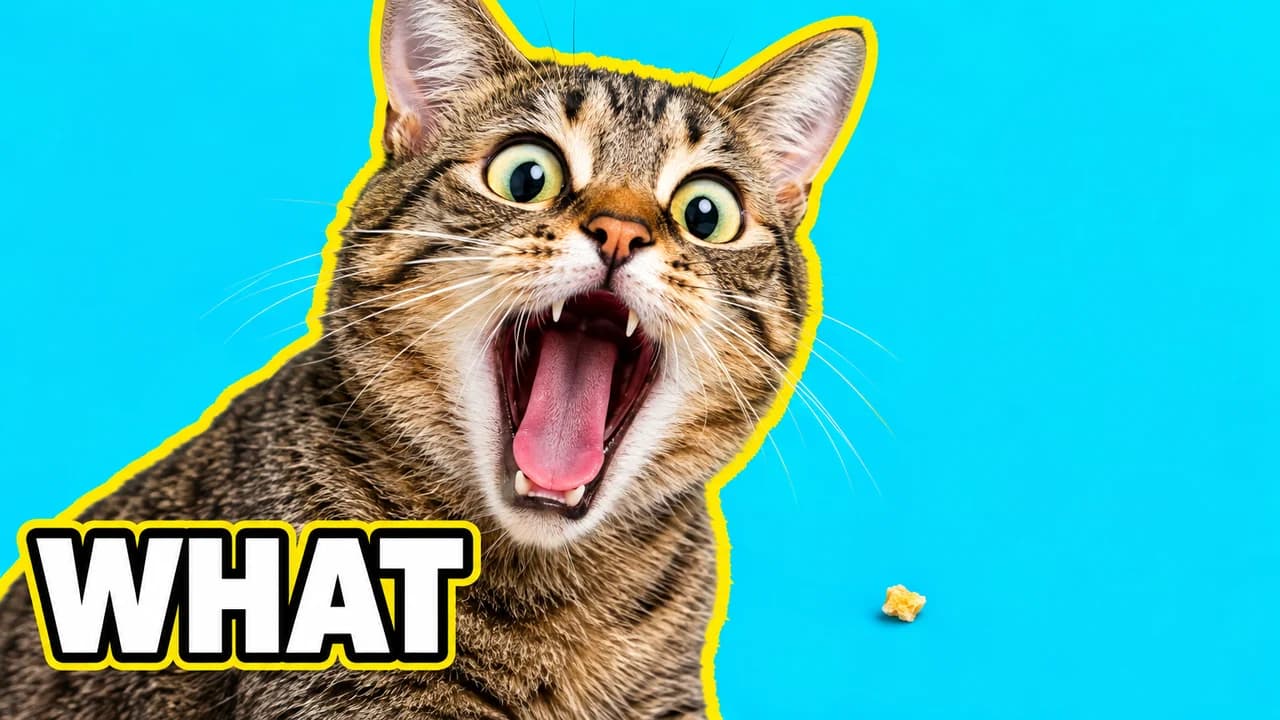 YouTube face thumbnail: a parody of the shocked face, a tabby cat with its mouth wide open next to a tiny crumb, text WHAT