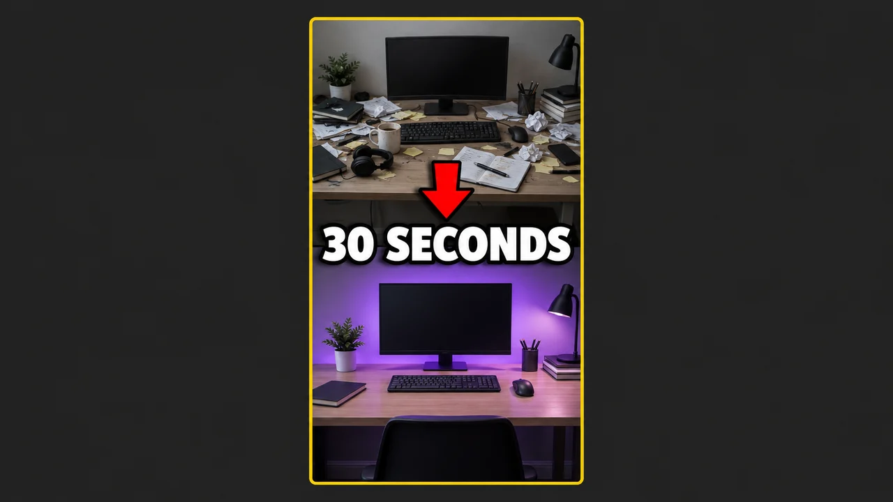 YouTube Shorts thumbnail: a vertical cover split into a messy desk on top and a clean purple-lit setup below, red arrow, text 30 SECONDS