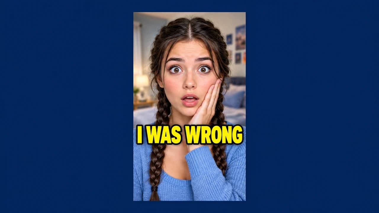 YouTube Shorts cover: a young woman with braids centred, eyes wide and hand on her cheek, yellow text I WAS WRONG across the middle