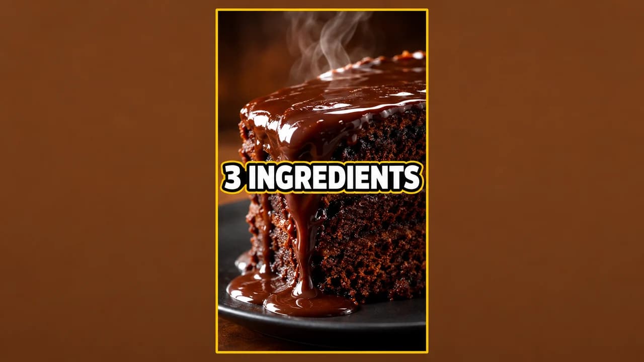 YouTube Shorts cover: extreme close-up of a chocolate cake slice dripping sauce on a dark plate, white text 3 INGREDIENTS in the middle