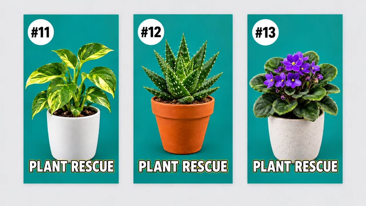 YouTube Shorts thumbnail: three matching teal covers with badges #11, #12 and #13, a different potted plant on each, text PLANT RESCUE