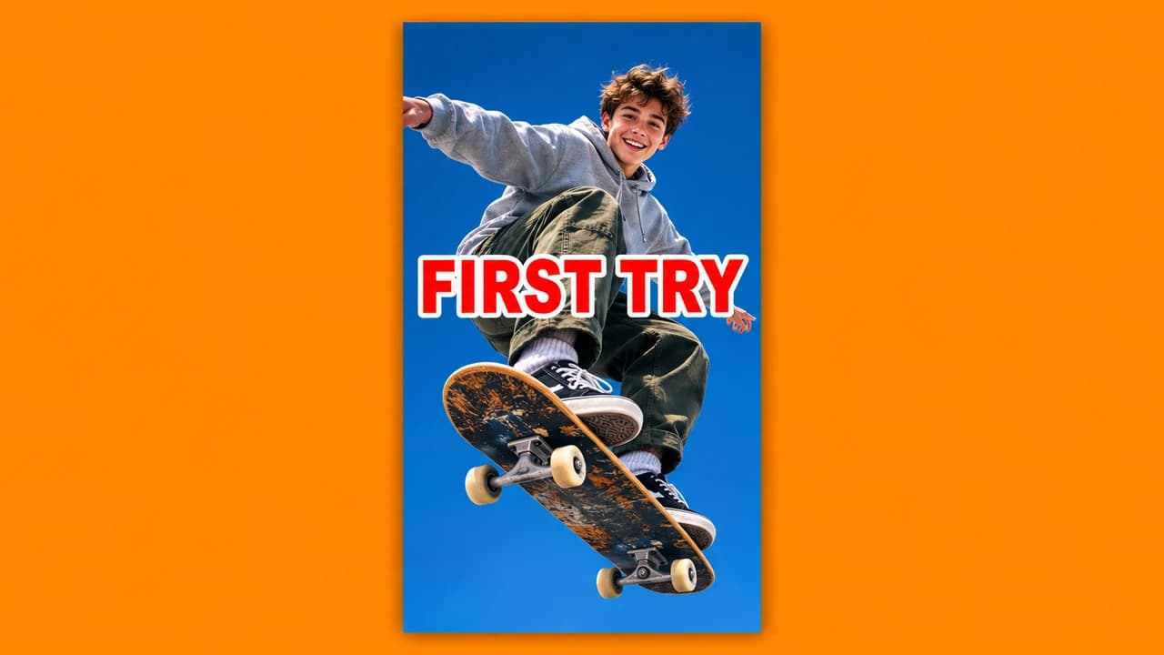 YouTube Shorts cover: low-angle shot of a grinning skateboarder mid-air against a blue sky, red text FIRST TRY in the middle band