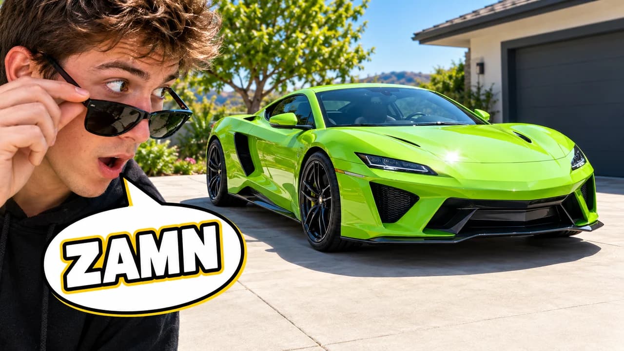 Zamn-style thumbnail: a young man pulling his sunglasses down at a lime-green sports car in a sunny driveway, speech bubble ZAMN