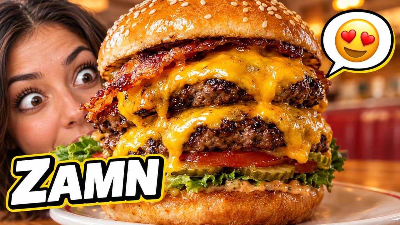 Zamn-style thumbnail: a towering bacon cheeseburger with dripping cheese, a woman's wide eyes peeking from the left, heart-eye bubble, big text ZAMN
