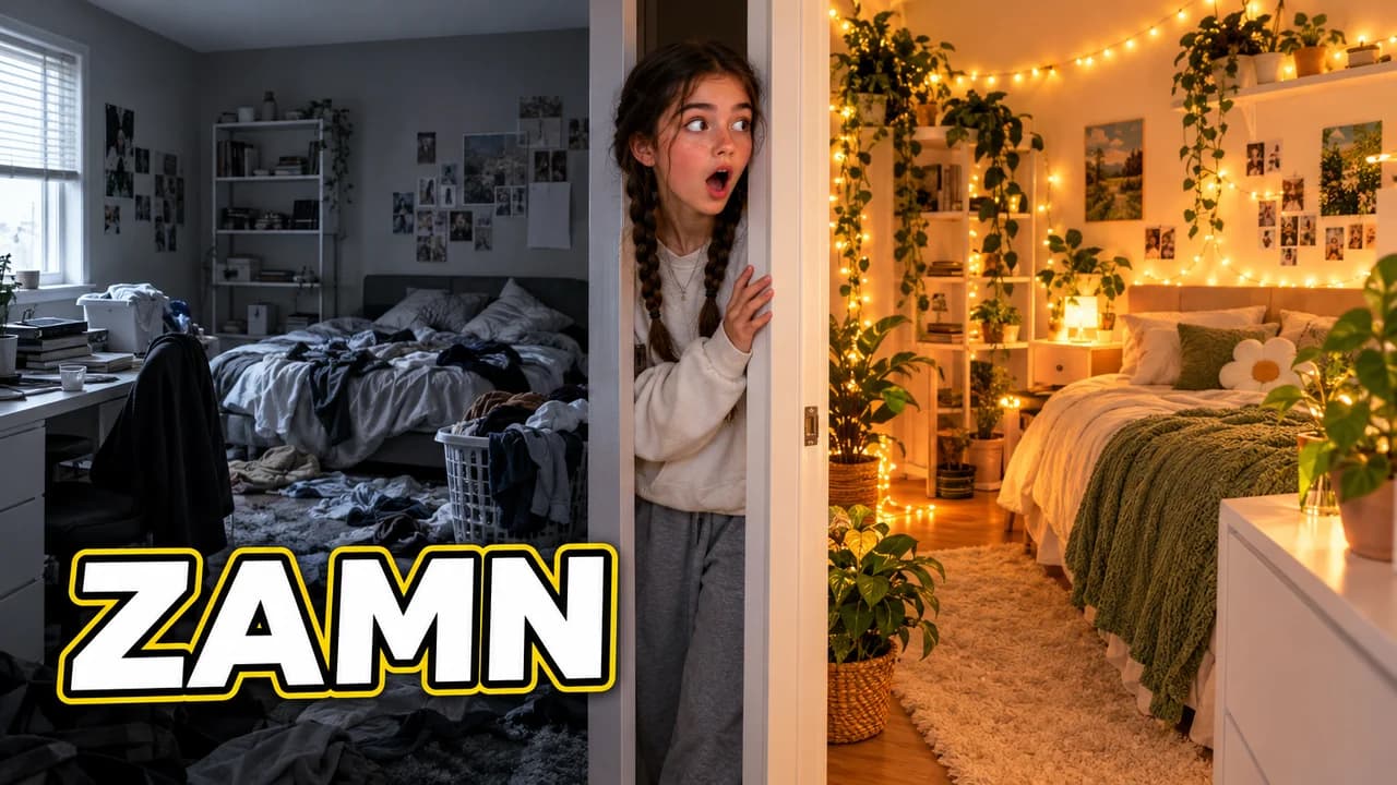 Zamn-style thumbnail: a girl with braids in a doorway between a messy dark bedroom and a cosy room with fairy lights and plants, text ZAMN