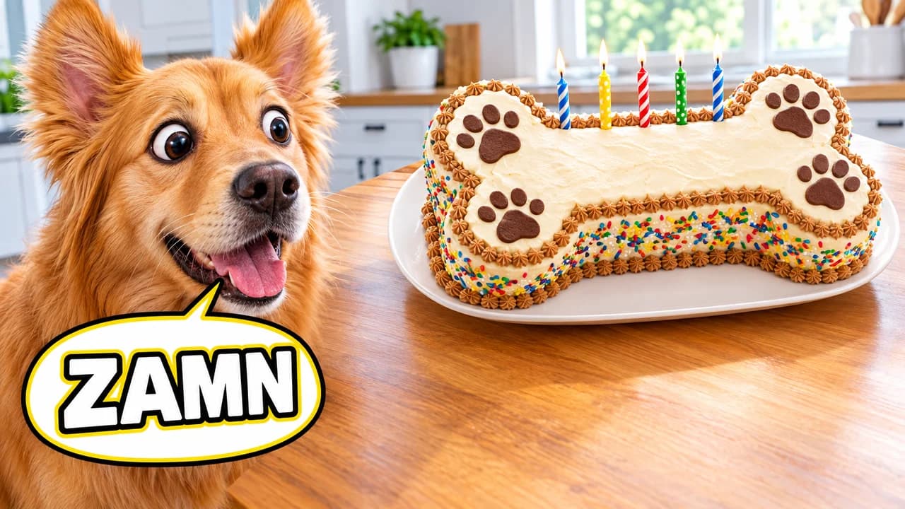 Zamn-style thumbnail: a wide-eyed ginger dog staring at a bone-shaped birthday cake with candles on a kitchen table, speech bubble ZAMN