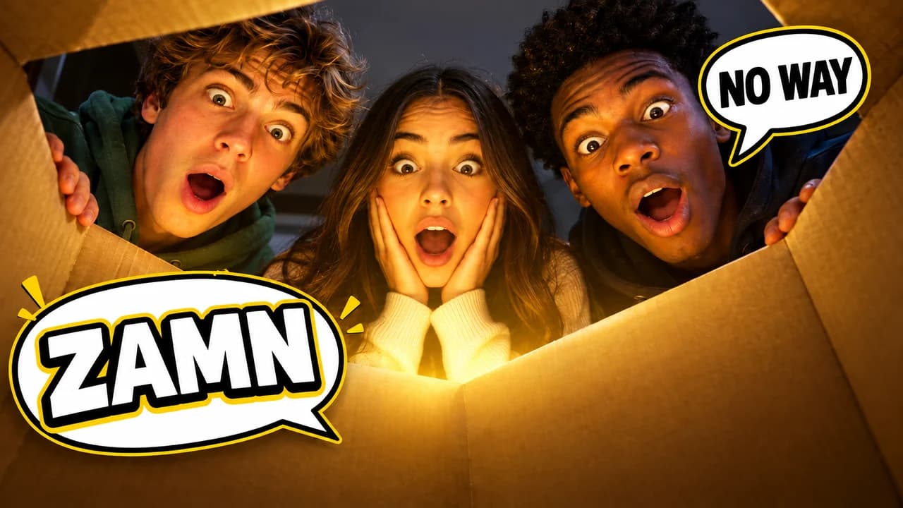 Zamn-style thumbnail: three friends seen from inside an opened box, faces lit gold, speech bubbles ZAMN and NO WAY