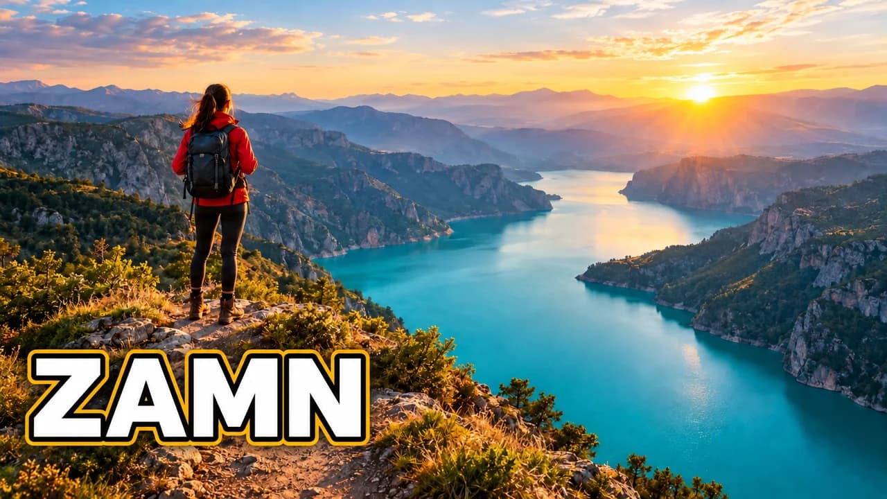 Zamn-style thumbnail: a hiker in a red jacket on a cliff edge facing a huge turquoise canyon lake at sunset, big text ZAMN