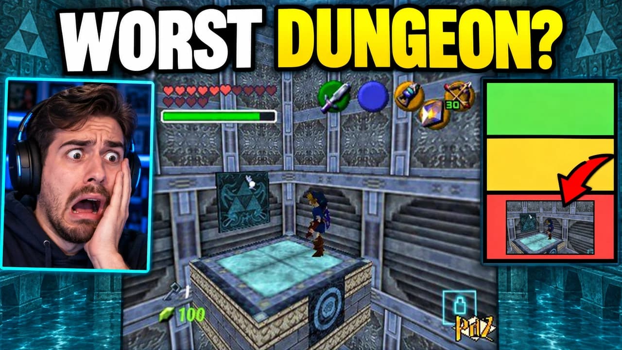 Zelda: Ocarina of Time thumbnail: an invented streamer reacts as the Water Temple drops to the bottom of a dungeon tier list, text WORST DUNGEON?