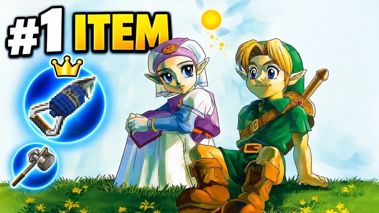 Zelda: Ocarina of Time thumbnail: the Hookshot wears a gold crown above other items in a glowing inventory grid, text #1 ITEM