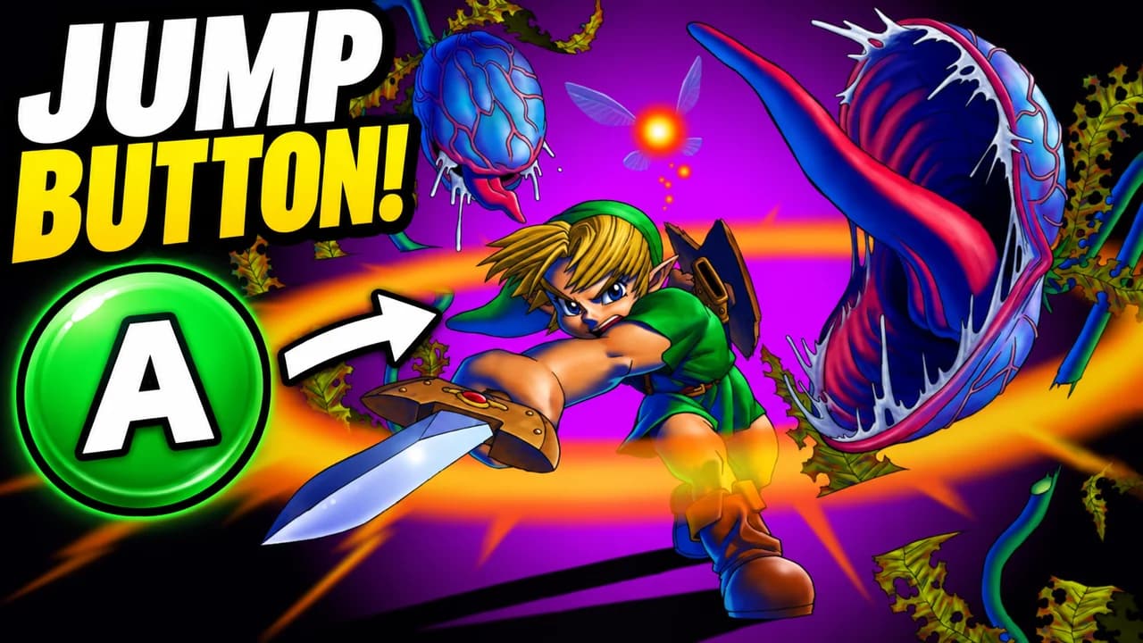 Zelda: Ocarina of Time thumbnail: adult Link leaps across a lava gap on Death Mountain next to a big glowing A-button prompt, text JUMP BUTTON!