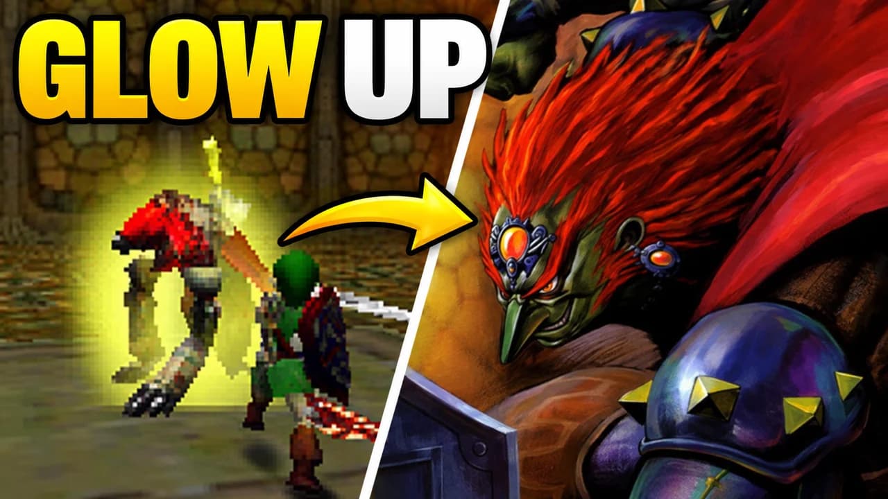 Zelda: Ocarina of Time thumbnail: Ganondorf's face split in two, blocky N64 polygons and the detailed remake, text GLOW UP