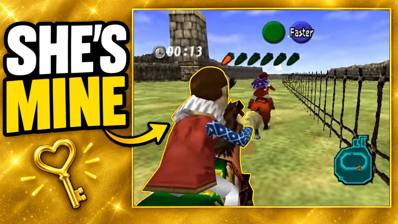 Zelda: Ocarina of Time thumbnail: adult Link on Epona jumps the Lon Lon Ranch wall at sunset while Ingo shakes his fist, text SHE'S MINE
