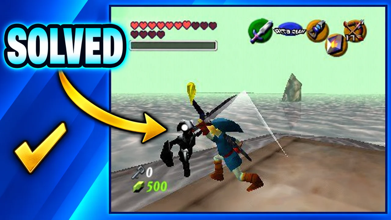 Zelda: Ocarina of Time thumbnail: adult Link in Iron Boots faces Dark Link on the misty Water Temple floor, a gold arrow, text SOLVED