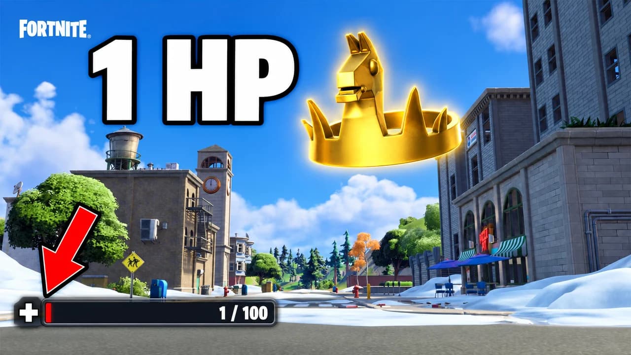 Fortnite thumbnail: Jonesy kneeling in the last storm circle with a red health bar at 1 HP and the Victory Royale banner above