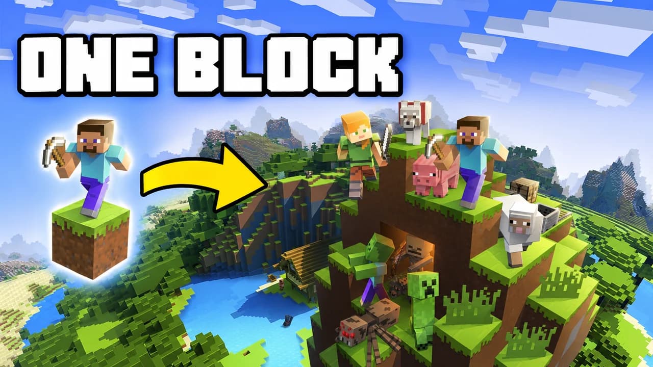 Minecraft thumbnail: Steve standing on a single grass block floating in an empty blue void, a huge sky island far behind, text ONE BLOCK